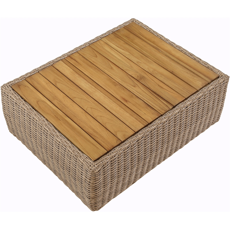 Meridian Furniture Seacrest Natural Teak Wood And Wicker Patio Coffee Table