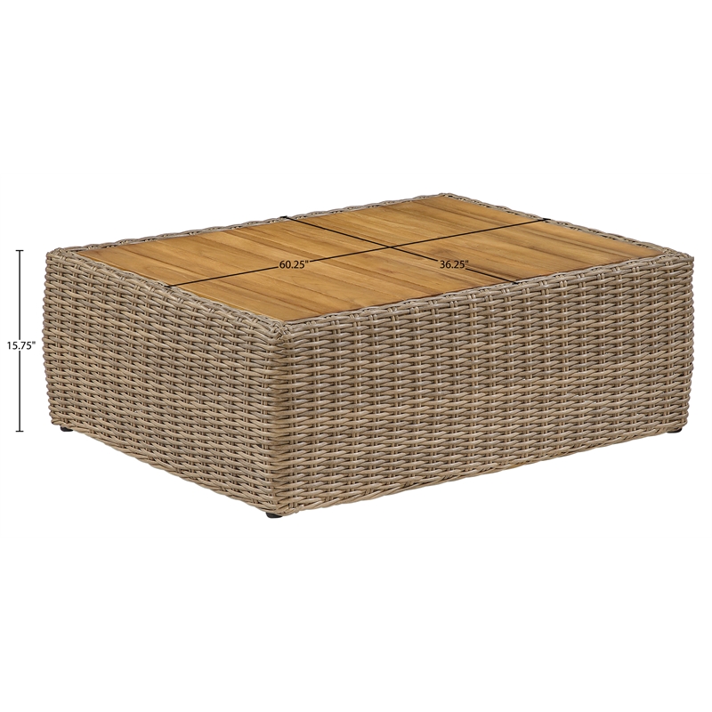 Meridian Furniture Seacrest Natural Teak Wood And Wicker Patio Coffee Table