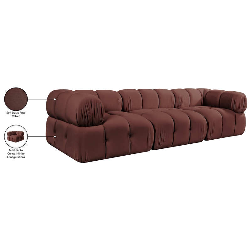 Meridian Furniture Orin Rose Velvet Performance Fabric 3 pc. Modular Sofa