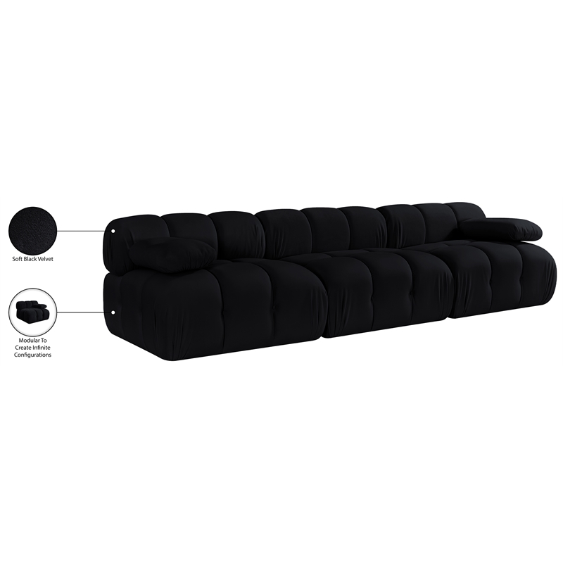 Meridian Furniture Orin Black Velvet Performance Fabric 3 pc. Modular Sofa