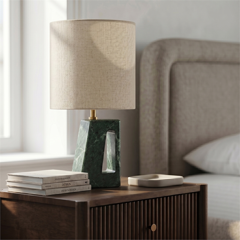 Meridian Furniture Vellum Green Genuine Marble Base And Linen Shade Table Lamp