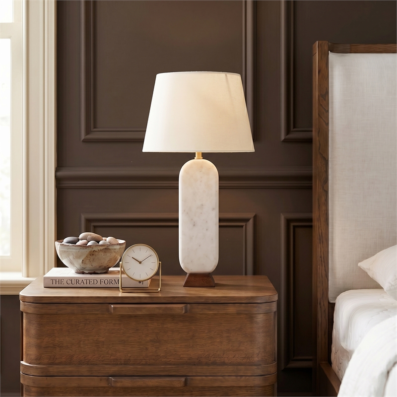 Meridian Furniture Solis Off White Genuine Marble And Mango Wood Base Table Lamp