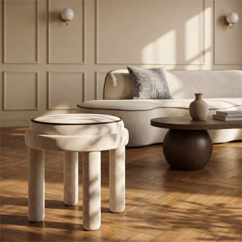 Meridian Furniture Velin Cream Velvet Upholstered Ottoman / Stool