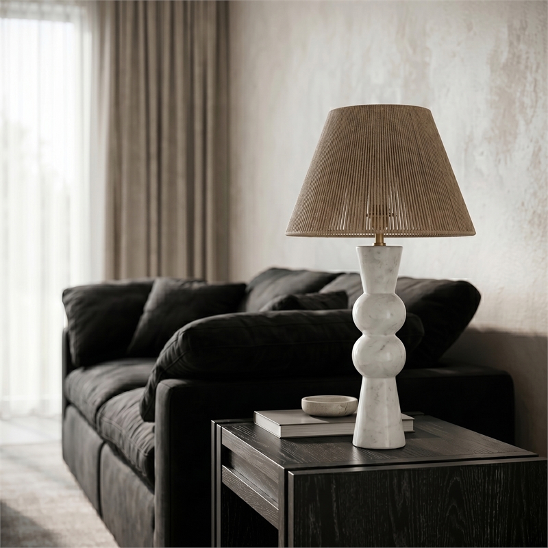 Meridian Furniture Pietra White Genuine Marble Base And Jute Shade Table Lamp