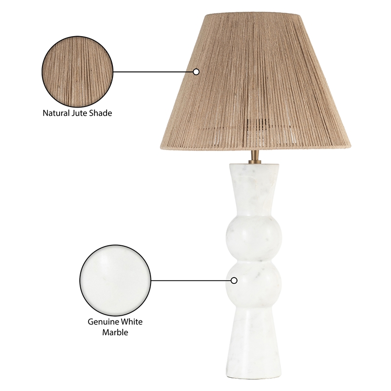 Meridian Furniture Pietra White Genuine Marble Base And Jute Shade Table Lamp