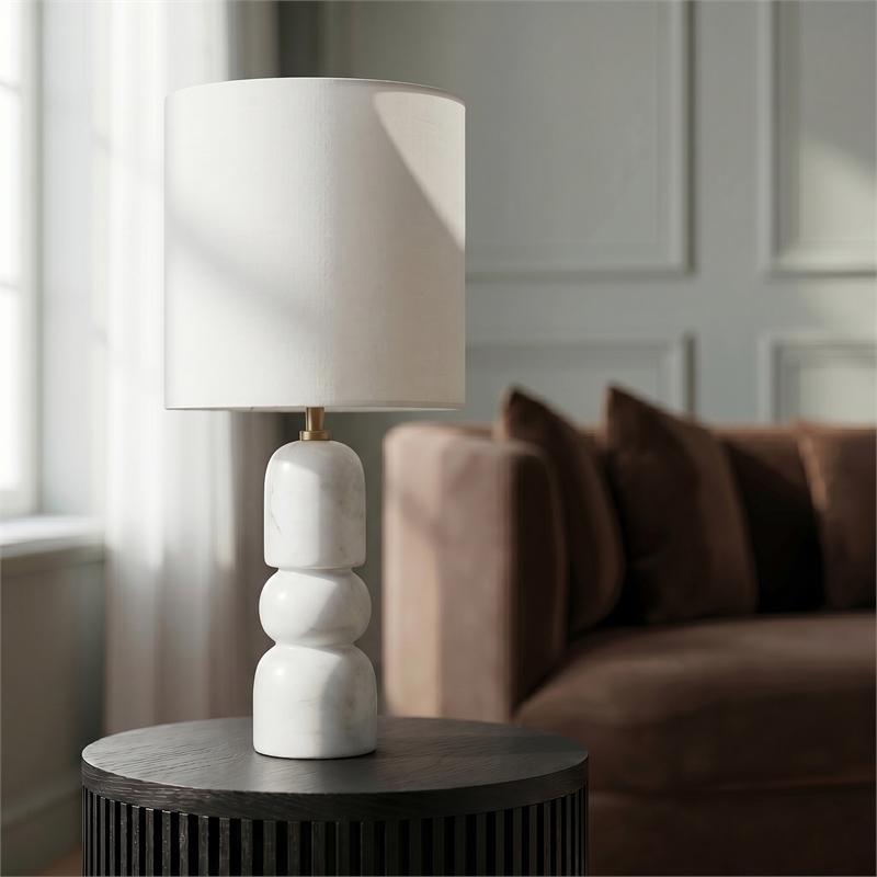 Meridian Furniture Paros White Genuine Marble Base And Cotton Shade Table Lamp