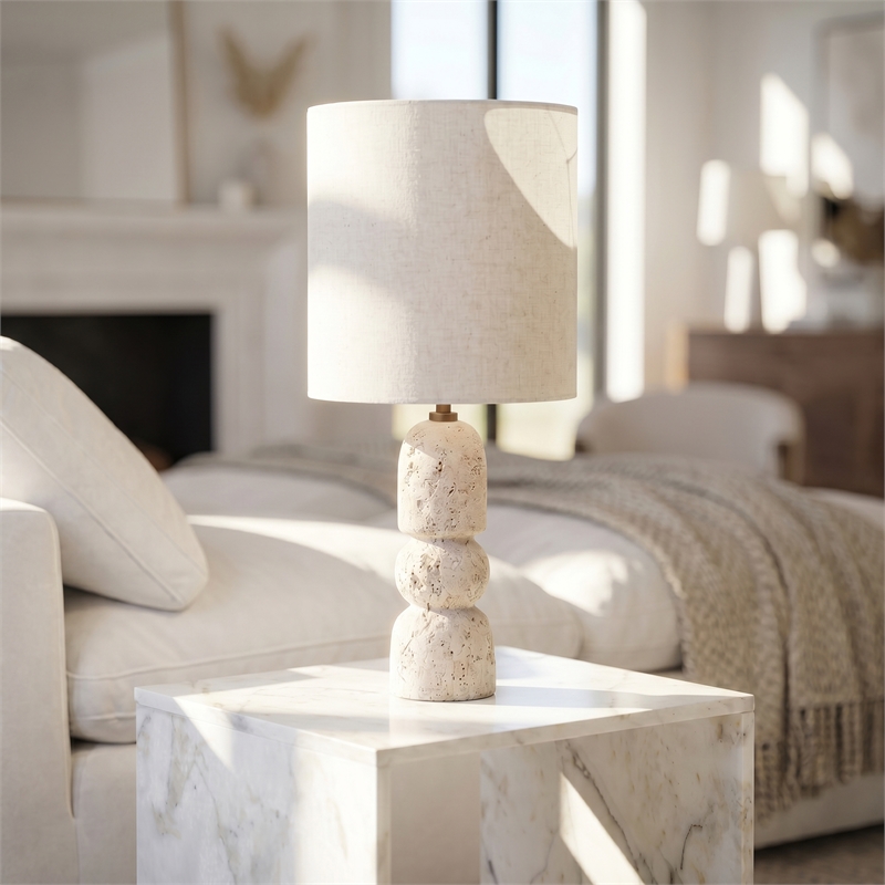 Meridian Furniture Paros Travertine Marble Base And Cotton Shade Table Lamp