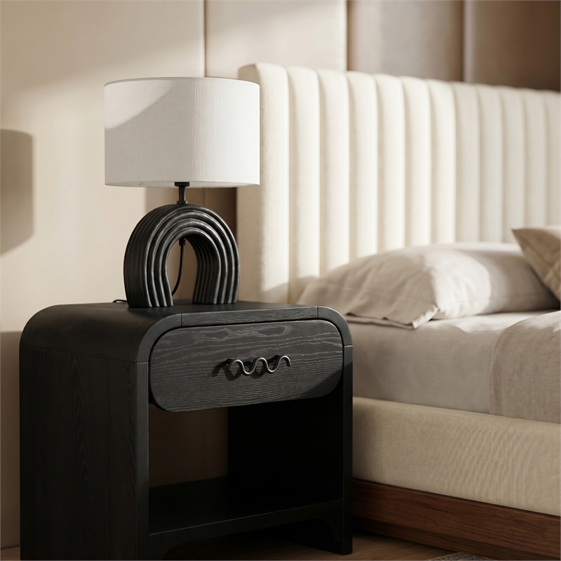 Meridian Furniture Lithos Black Genuine Marble Base And Cotton Shade Table Lamp