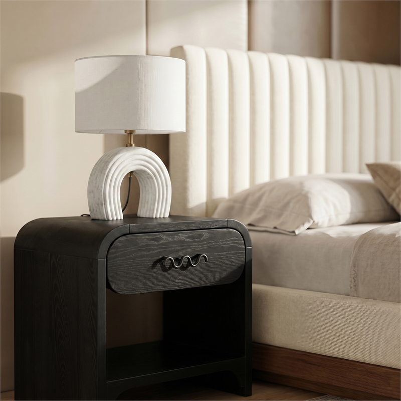 Meridian Furniture Lithos White Genuine Marble Base And Cotton Shade Table Lamp