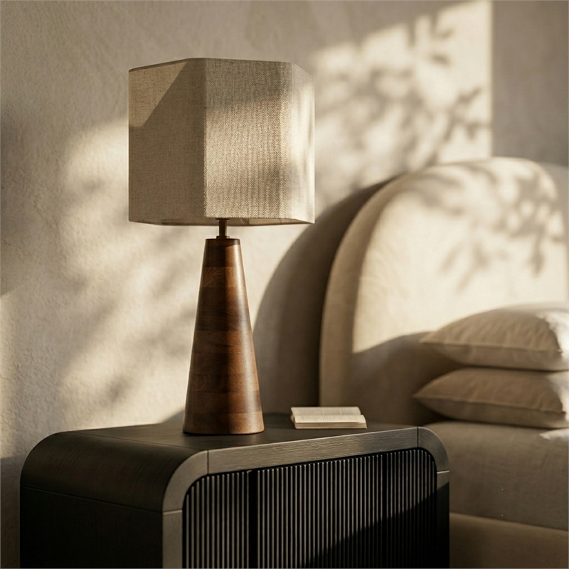 Meridian Furniture Juniper Brown Mango Wood Base And Linen Shade Table Lamp