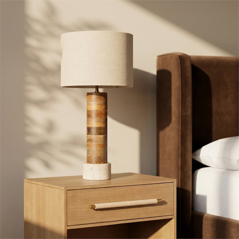 Meridian Furniture Orenda Travertine/ Mango Wood Base And Linen Shade Table Lamp
