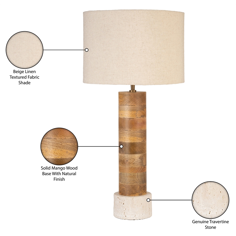 Meridian Furniture Orenda Travertine/ Mango Wood Base And Linen Shade Table Lamp