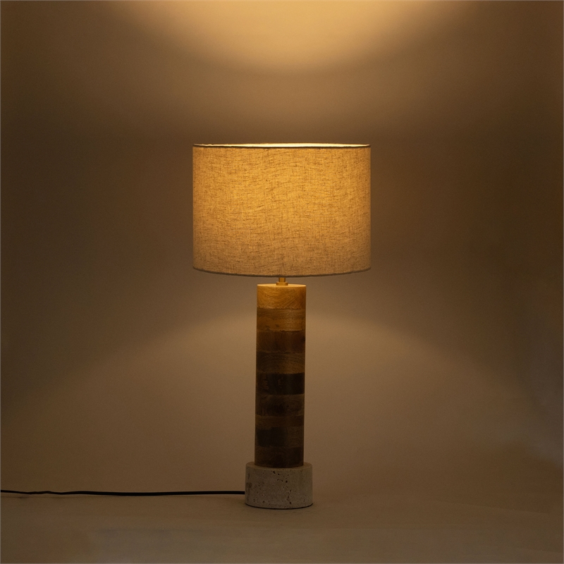 Meridian Furniture Orenda Travertine/ Mango Wood Base And Linen Shade Table Lamp