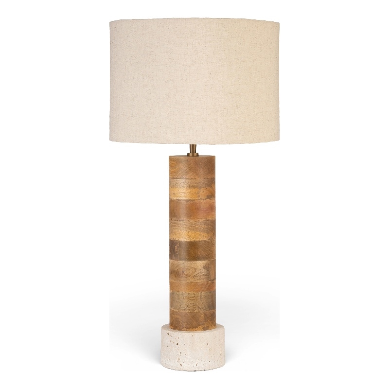 Meridian Furniture Orenda Travertine/ Mango Wood Base And Linen Shade Table Lamp