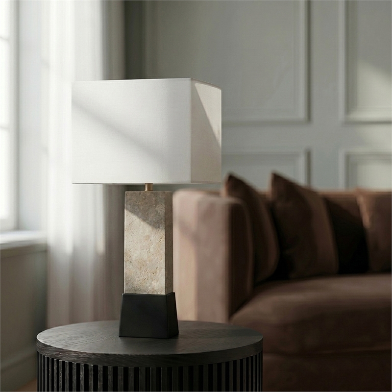 Meridian Furniture Vellara Grey Travertine Base And Linen Shade Table Lamp