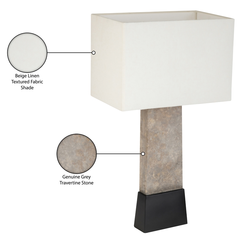 Meridian Furniture Vellara Grey Travertine Base And Linen Shade Table Lamp