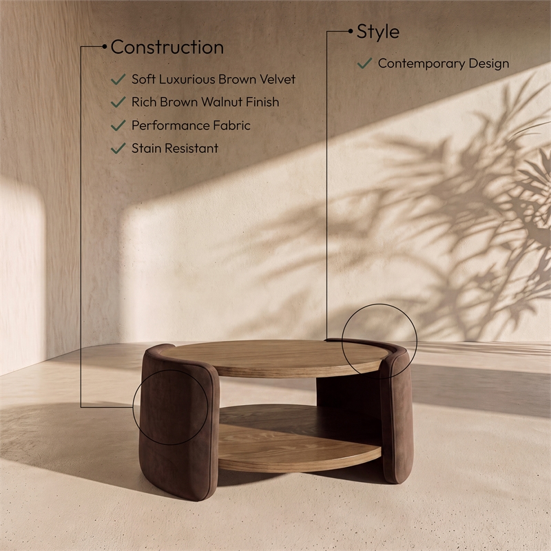 Meridian Furniture Wren Brown Velvet Performance Fabric Coffee Table