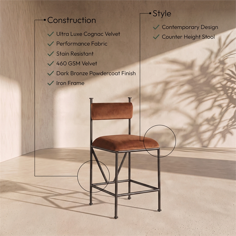 Meridian Furniture Monarch Cognac Velvet Upholstered Counter Stool (Set of 2)