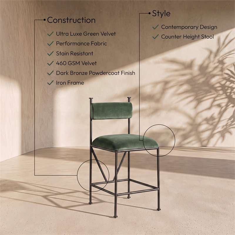 Meridian Furniture Monarch Green Velvet Upholstered Counter Stool (Set of 2)
