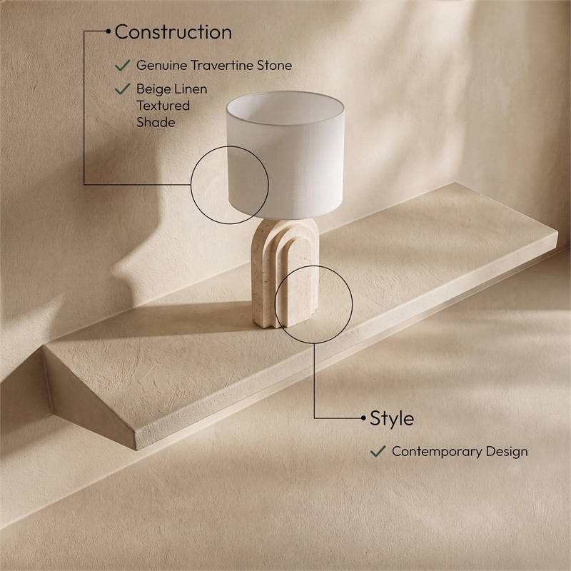 Meridian Furniture Caldera Travertine And Linen Textured Fabric Table Lamp