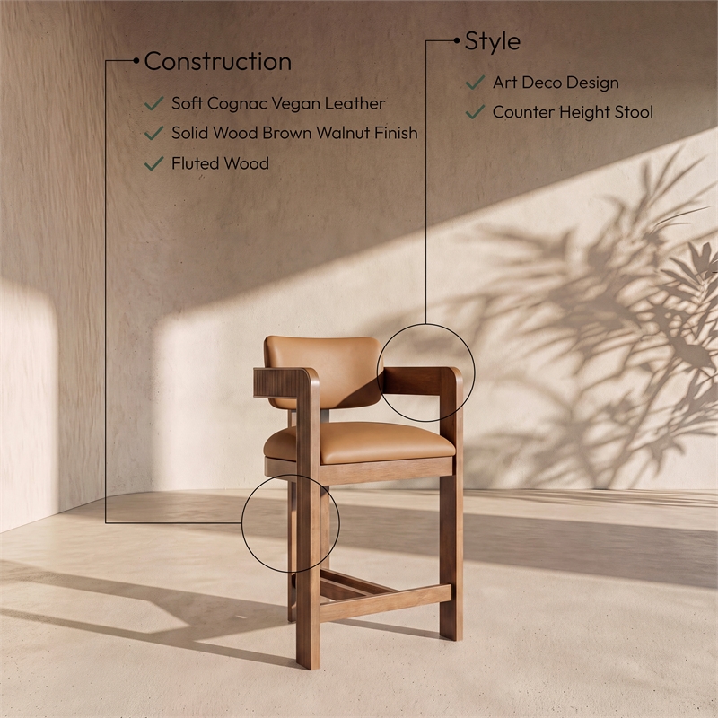 Meridian Furniture Sacha Cognac Vegan Leather Upholstered Counter Stool