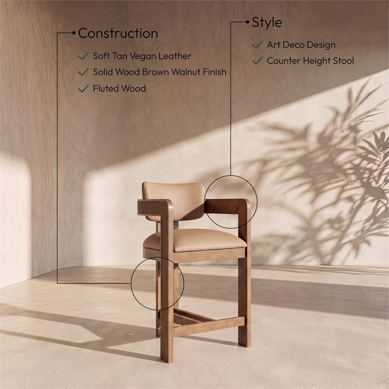 Meridian Furniture Sacha Tan Vegan Leather Upholstered Counter Stool