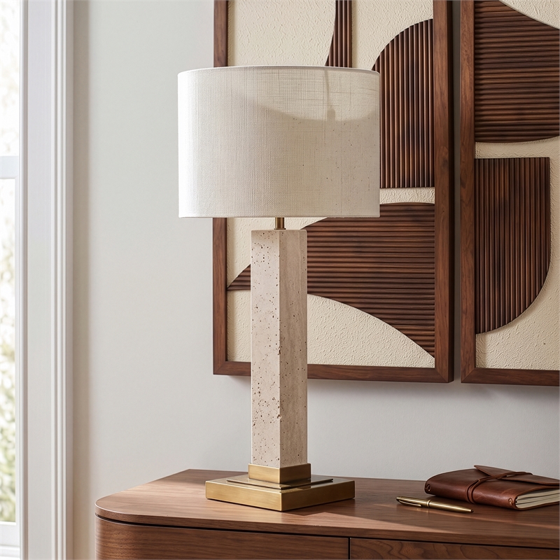 Meridian Furniture Pillar Travertine And Linen Textured Table Lamp