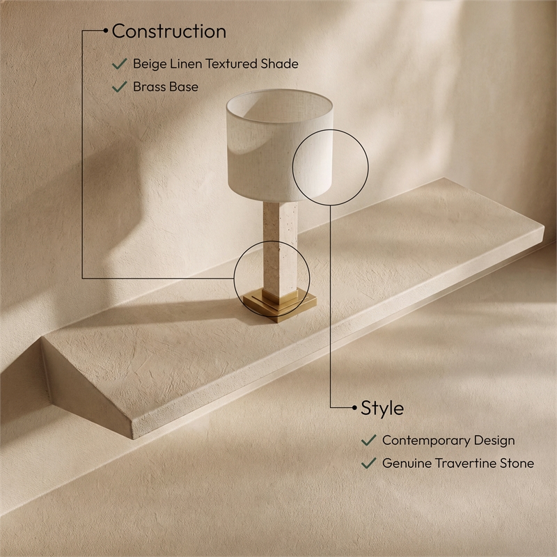 Meridian Furniture Pillar Travertine And Linen Textured Table Lamp