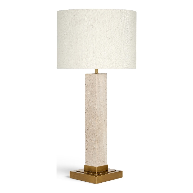 Meridian Furniture Pillar Travertine And Linen Textured Table Lamp
