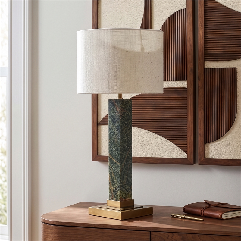 Meridian Furniture Pillar Green Genuine Marble And Linen Textured Table Lamp