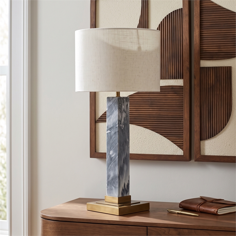 Meridian Furniture Pillar Grey Genuine Marble And Linen Textured Table Lamp