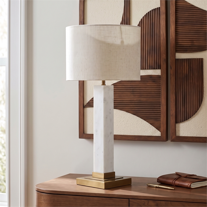 Meridian Furniture Pillar White Genuine Marble And Linen Textured Table Lamp