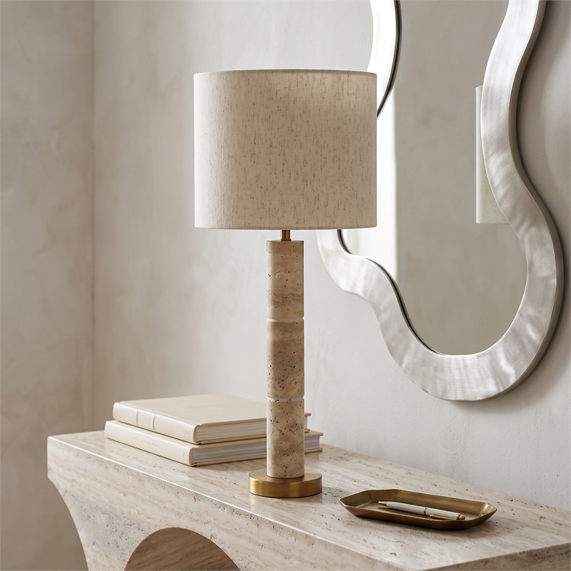 Meridian Furniture Opaline Travertine And Linen Textured Table Lamp
