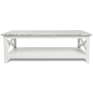 Agatha 44&quot Rectangular Carrara White Marble Coffee Table with White Wood Legs