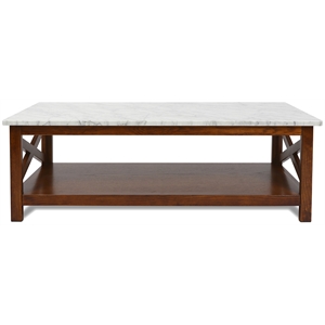 Agatha 44&quot Rectangular Carrara White Marble Coffee Table with Walnut Wood Legs