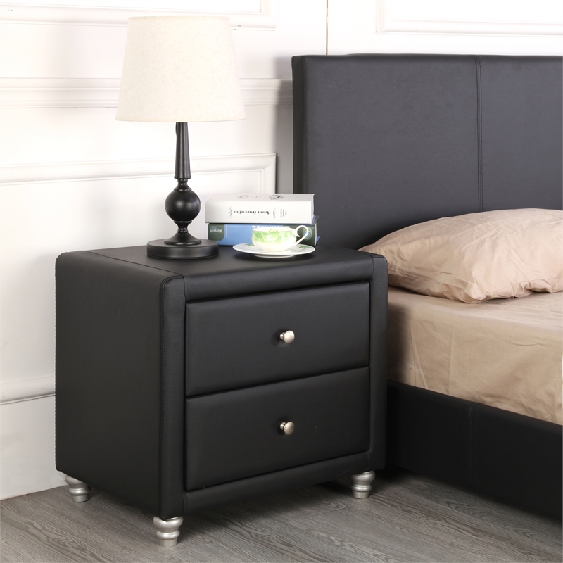 Hindes Black Faux Leather Upholstered Queen Bed with 1 Nightstand Set