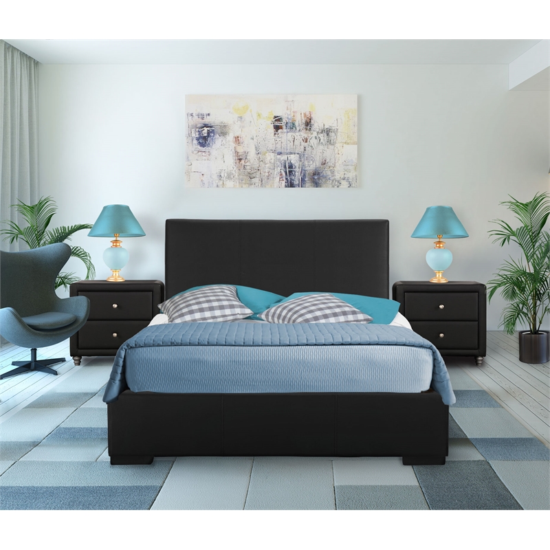 Hindes Black Faux Leather Upholstered Queen Bed with 1 Nightstand Set