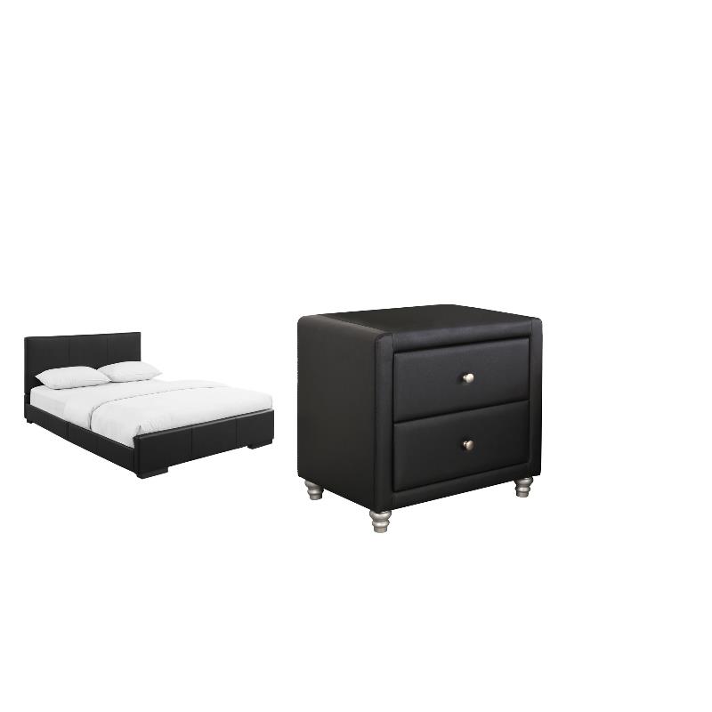 Hindes Black Faux Leather Upholstered Queen Bed with 1 Nightstand Set