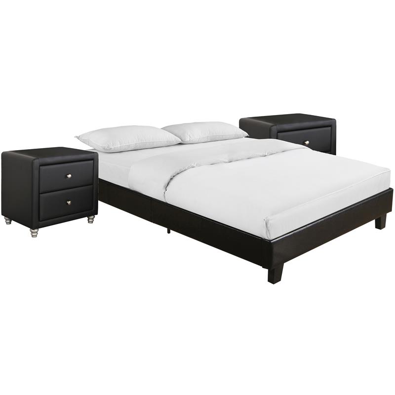 Camden Isle Faux Leather Acton Platform Bed Queen Black and 2 Nightstands