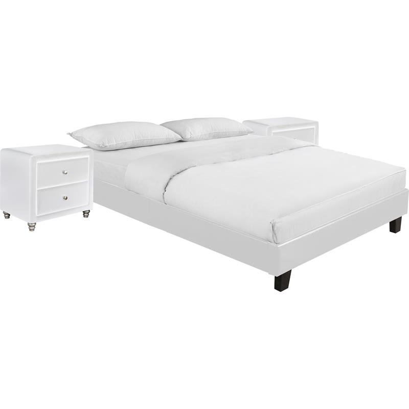 Camden Isle Faux Leather Acton Platform Bed Queen White and 2 Nightstands