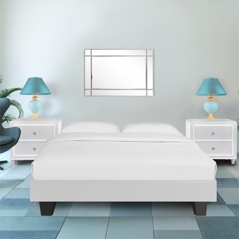 Camden Isle Faux Leather Acton Platform Bed Queen White and 2 Nightstands