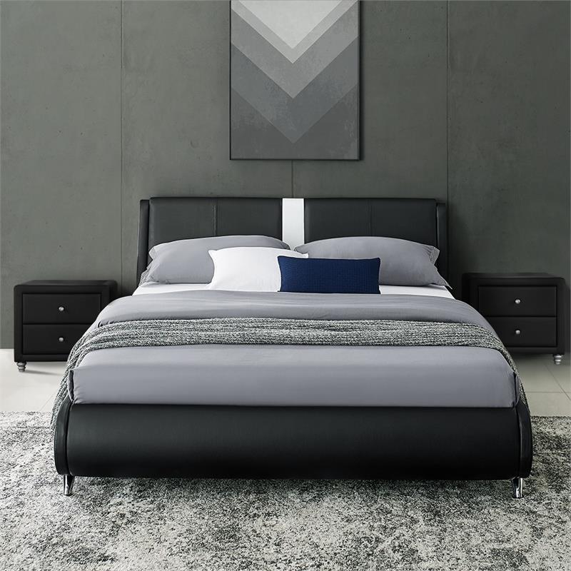 Camden Isle Faux Leather Upholstered Carlton Bed Queen Black with 2 Nightstands