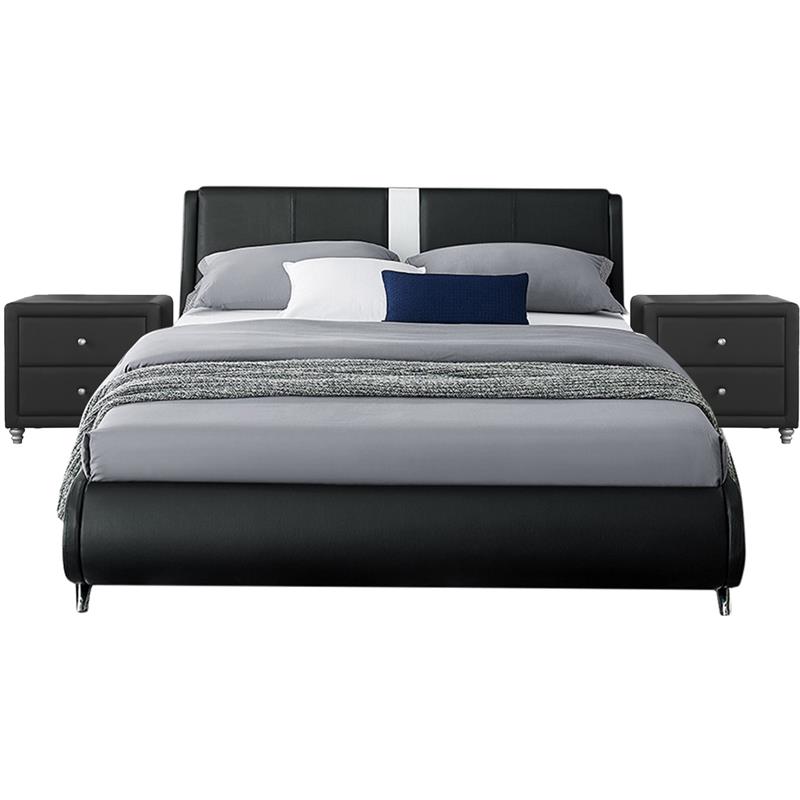 Camden Isle Faux Leather Upholstered Carlton Bed Queen Black with 2 Nightstands