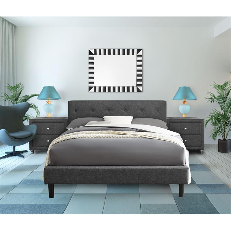 Camden Isle Upholstered Monticello Bed in Queen Gray Fabric with 2 Nightstands