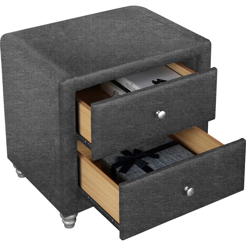 Camden Isle Upholstered Monticello Bed in Queen Gray Fabric with 2 Nightstands