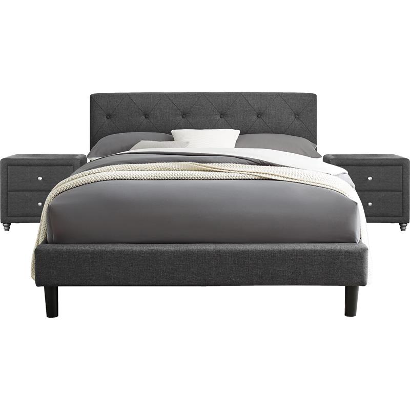 Camden Isle Upholstered Monticello Bed in Queen Gray Fabric with 2 Nightstands
