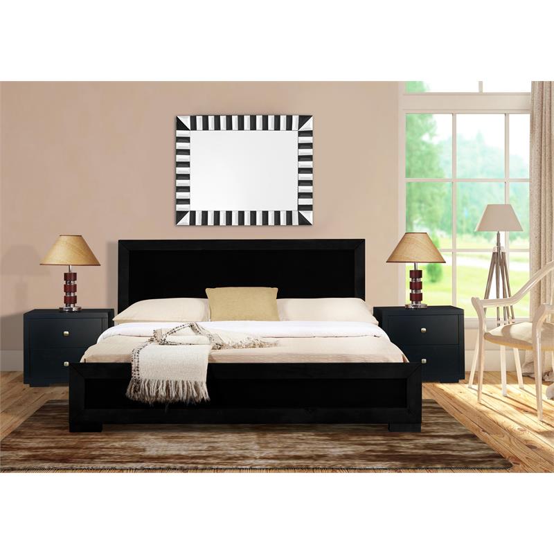 Camden Isle Queen Size Trent Wood Platform Bed in Black with 2 Nightstands