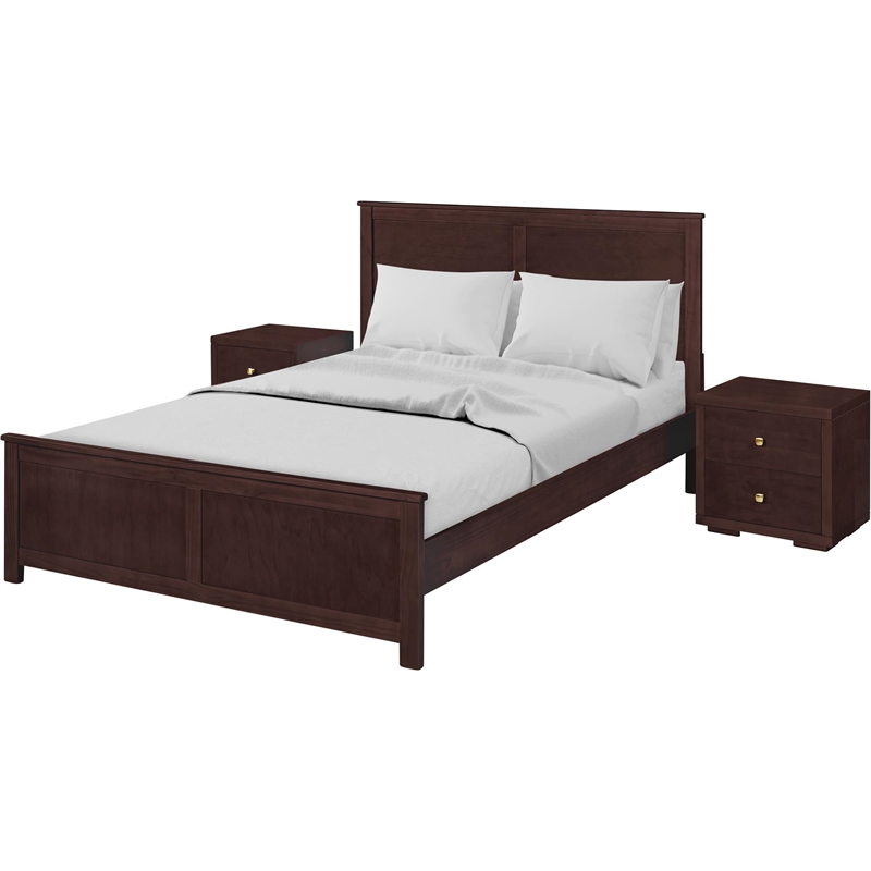Winston Wooden Platform Bed in Espresso King with 2 Nightstands