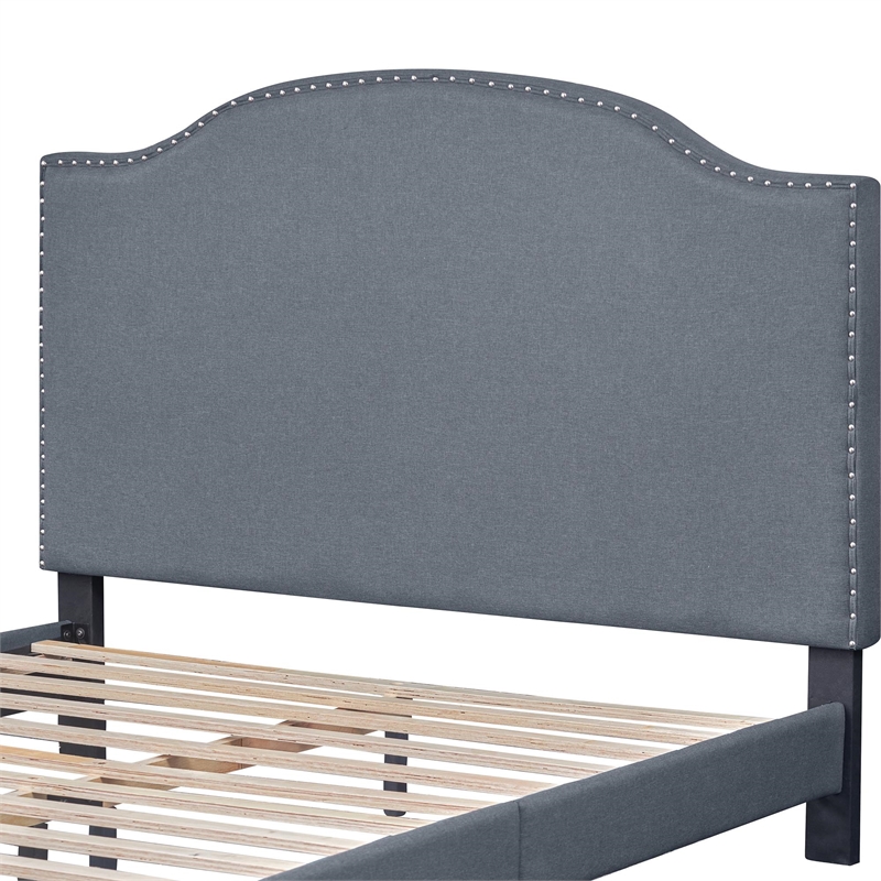 Madison Queen Platform Bed Gray Fabric with Camelback Headboard
