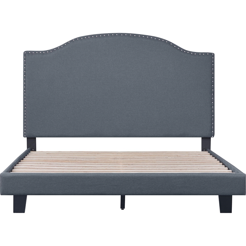Madison King Platform Bed Gray Fabric with Camelback Nailhead Trim Headboard